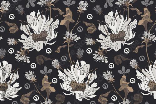 Vector floral seamless pattern. White flowers with brown and gray leaves on an anthracite colored background. 