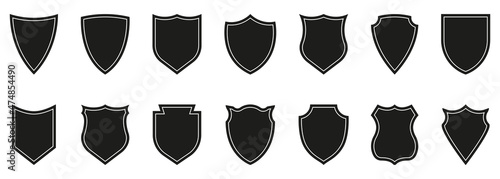 Shield Black Silhouette Icon Set. Antivirus Protect. Sign of Safety, Defence Pictogram. Guard Defense Emblem Collection Icon. Police Badge Shape and Football Patches. Isolated Vector Illustration