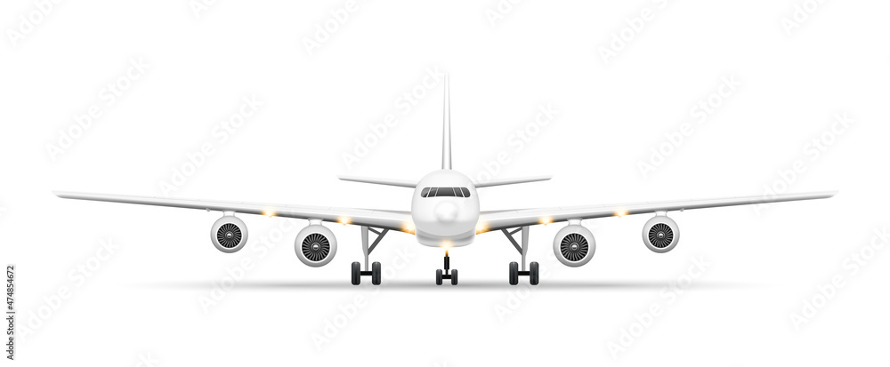 Realistic Detailed 3d White Airplane Front View Symbol of Travel Isolated on a Background. Vector illustration of Airliner Realistic Detailed 3d White Airplane Front View Symbol of Travel Isolated on a Background. Vector illustration of Airliner
