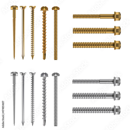 Realistic Detailed 3d Different Steel Brass Bolts Set Isolated on a White Background. Vector illustration of Bolt Assortment