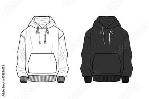Hoodie vector template . Unisex, male, female model. Front view. Outline fashion technical sketch of clothes model. black and white