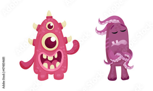 Cute colorful monsters set. Cartoon toothy mutants characters with funny faces vector illustration