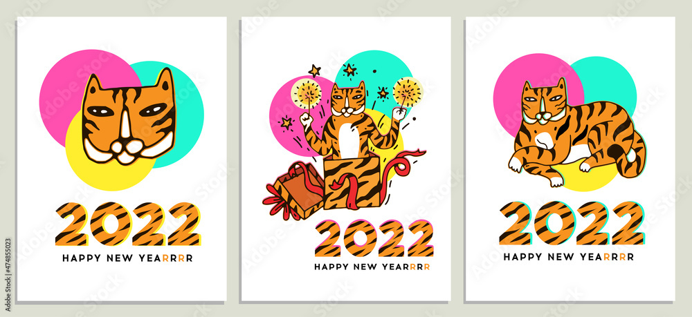 New Year of the Tiger card set. Funny Tiger cartoon characters celebrate New Year of 2022. Vector poster, banner, greeting card, invitation or flyer in modern trendy style with hand drawn cute tigers. New Year of the Tiger card set. Funny Tiger cartoon characters celebrate New Year of 2022. Vector poster, banner, greeting card, invitation or flyer in modern trendy style with hand drawn cute tigers.
