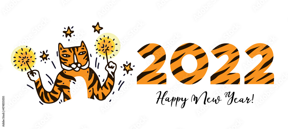 New Year of the tiger 2022 concept banner. Numbers of the year 2022 with stripes and cute tiger face