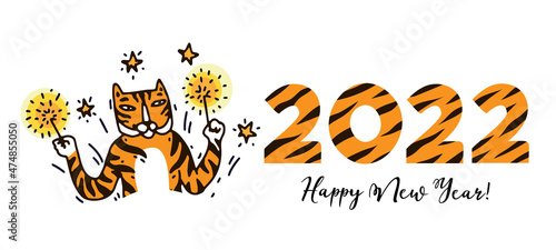 New Year of the tiger 2022 concept banner. Numbers of the year 2022 with stripes and cute tiger face