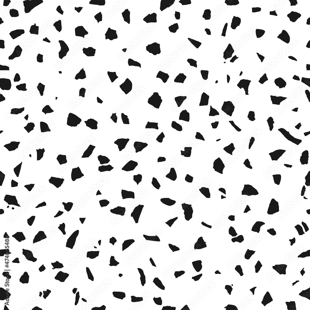 Terrazzo flooring black and white seamless pattern. Trencadis texture with stone chips. Wall tiles, marble chips, natural stone, quartz, recycled glass and concrete. Vector background
