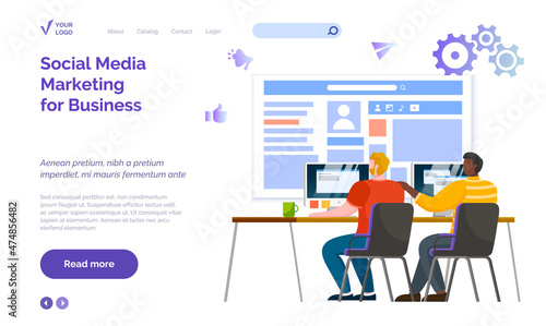 Business site promotion, optimization, social media marketing for business concept. People work with customer profile advertising in consulting service. Employees working in social networks