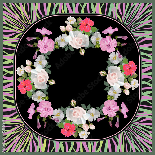 Vector floral bright pattern for design of headscarf, hijab. Bouquet of flowers in the center of a square with a wavy frame on a black background