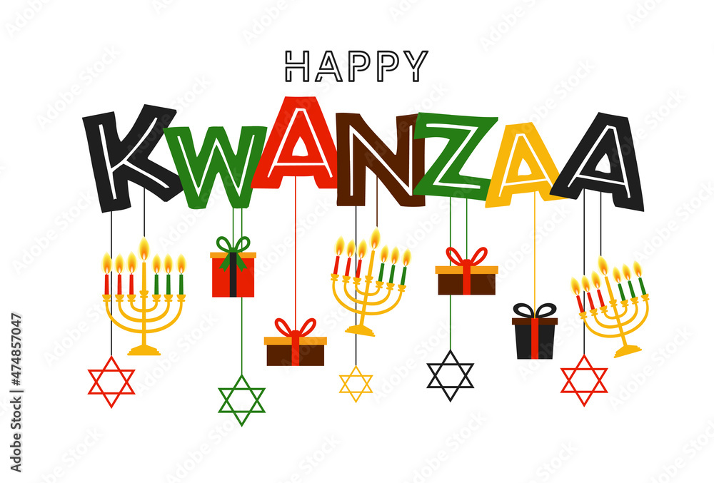 Vector illustration of Kwanzaa. Holiday african symbols with lettering on white background. Vector illustration of Kwanzaa. Holiday african symbols with lettering on white background.
