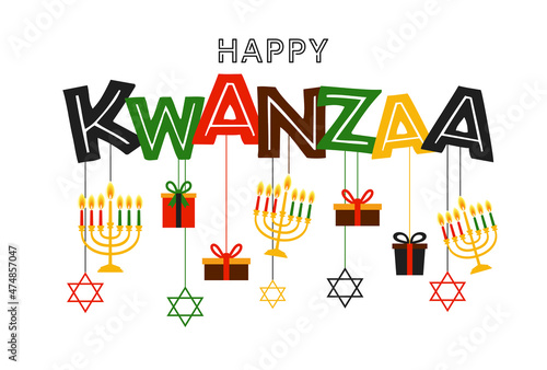 Vector illustration of Kwanzaa. Holiday african symbols with lettering on white background.