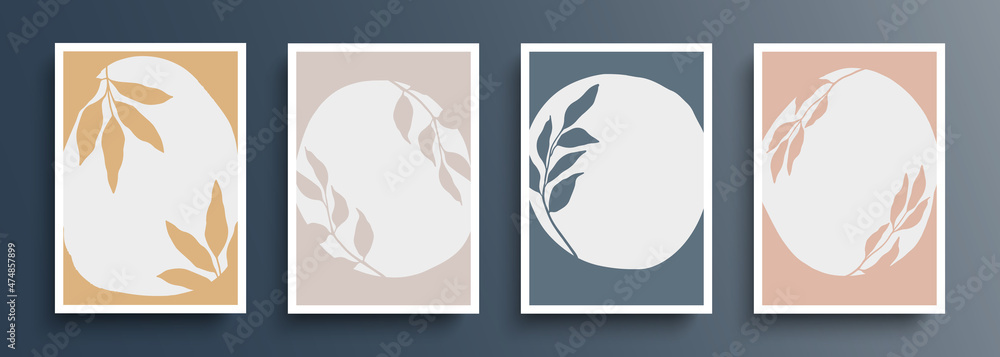 Color botanical backgrounds set. Hand drawn boho foliage covers drawing with white round shapes. Abstract floral backgrounds for your creative graphic design. Vector illustration.