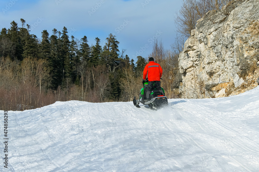 A man in a red jacket rides standing on a snowmobile. In the background, a rock mountain, green pines, and blue sky. Frosty sunny day. Active winter recreation.