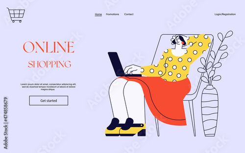 Online shopping process. Young woman buying goods in internet store