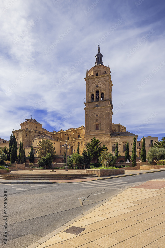 Frontal view of the Guadix Cathedral in the middle of the town