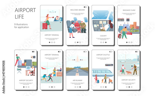 Big set of airport life applications. Vector illustration.