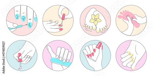 Professional manicure and pedicure procedure round banners
