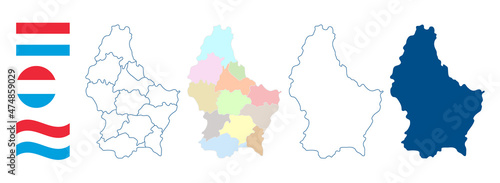 Luxembourg map. Detailed blue outline and silhouette. Administrative divisions and cantons. Country flag. Set of vector maps. All isolated on white background. Template for design and infographics.