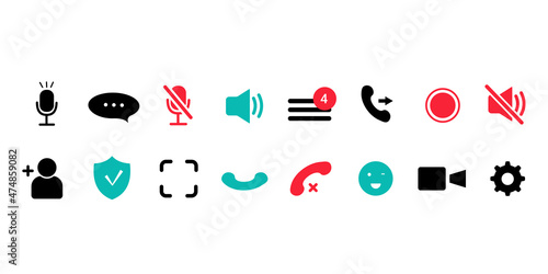 Buttons for videocall, video conference interface. Microphone, chat, message, screenshot, volume and other icons. Set of flat vector video call icons isolated on white background