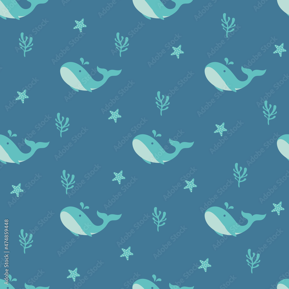 Obraz premium Soft blue color whale seamless pattern. Good for printing on fabric, kid's cloth, linen, fabric, postcard, wallpaper background.