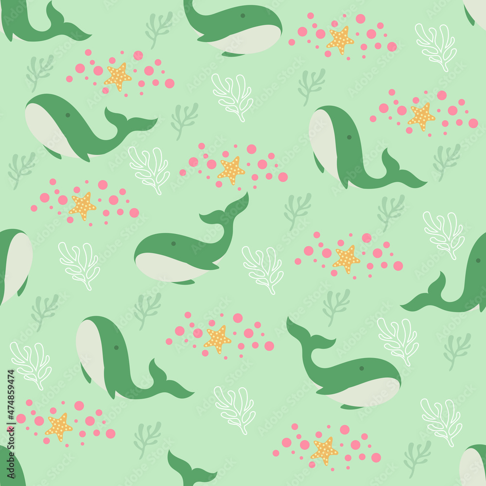Obraz premium soft green whale seamless pattern. Good for printing on fabric, kid's cloth, linen, fabric, postcard, wallpaper background.
