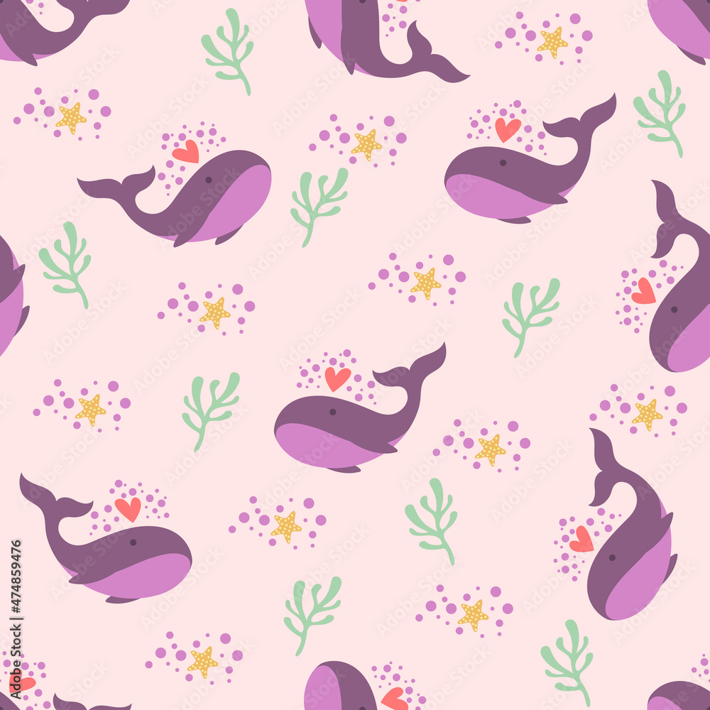 Soft purple whale seamless pattern. Good for printing on fabric, kid's cloth, linen, fabric, postcard, wallpaper background. Soft purple whale seamless pattern. Good for printing on fabric, kid's cloth, linen, fabric, postcard, wallpaper background.