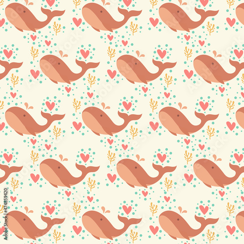 Pastel color whale seamless pattern. Good for printing on fabric, kid's cloth, linen, fabric, postcard, wallpaper background.