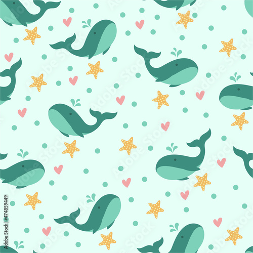 Whale seamless pattern. Good for printing on fabric, kid's cloth, linen, fabric, postcard, wallpaper background.