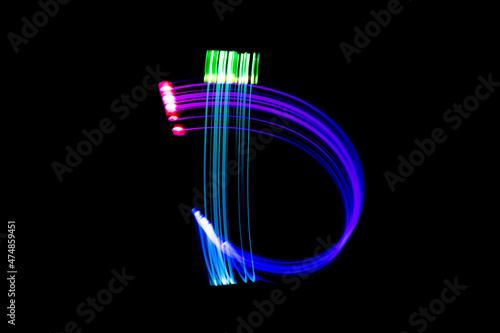 Letter D. Isolated figure on a black background. Freezelight.