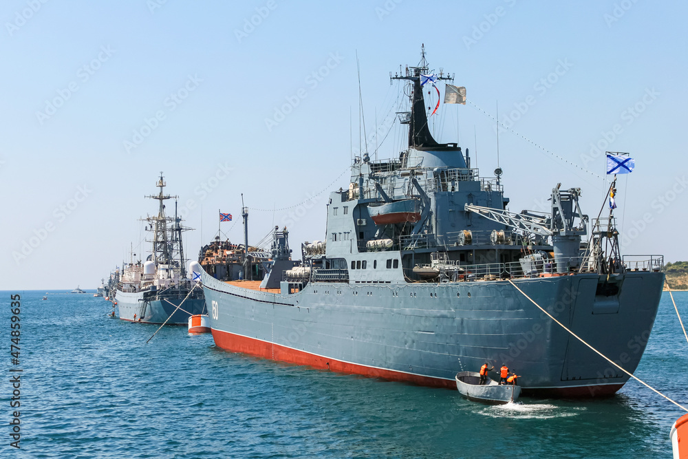 Warships of the Russian Black Sea Fleet are anchored in Sevastopol Bay.