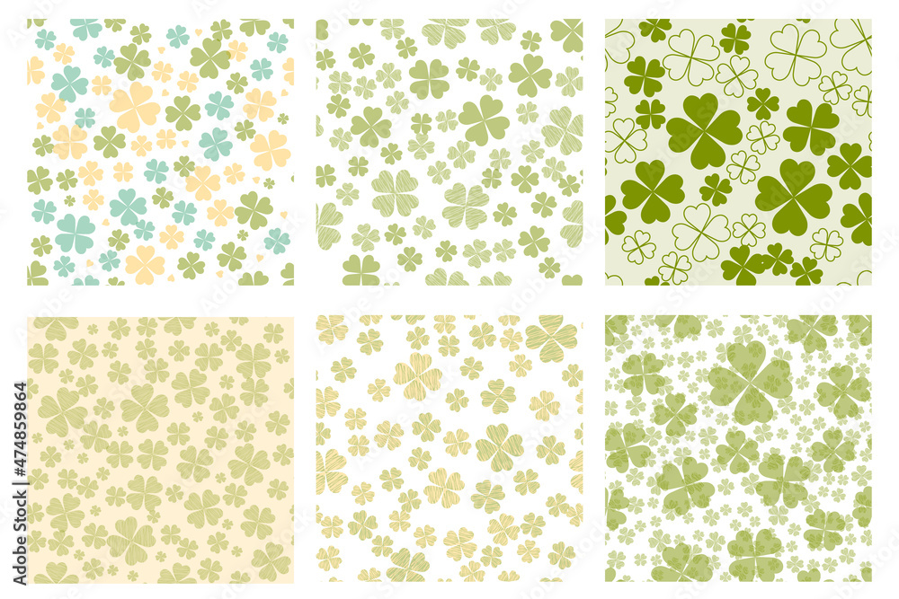 Fototapeta premium Set of Abstract seamless pattern with green shamrock shapes