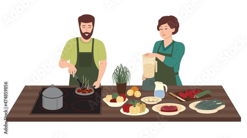 Cooking on the kitchen table. Smiling man and woman prepare food in the kitchen from dough, vegetables, eggs, oil, cereals and other food. Flat vector illustration isolated on white background.