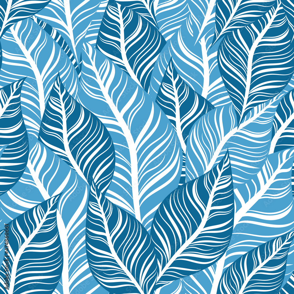 A pattern of blue leaves. Seamless texture with leaves. Banner for the travel and tourism industry, summer season. Blue floral design element, print for fabrics. A pattern of blue leaves. Seamless texture with leaves. Banner for the travel and tourism industry, summer season. Blue floral design element, print for fabrics.