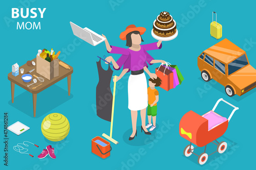 3D Isometric Flat Vector Conceptual Illustration of Busy Mom, Mother Routine House Work