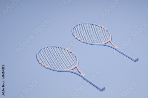 Tennis racket with balls on pastel blue and coral background. Trendy 3d render for fitness. Minimal composition for sport and healthy concept.
