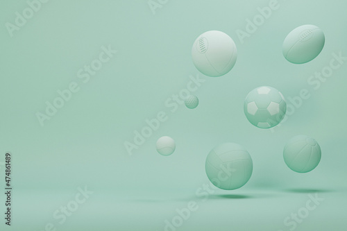 Sport equipment background. Several balls for soccer  American football and tennis  golf. Set of sport items on pastel blue and green scene. Trendy 3d render for fitness  lifting in the gym.