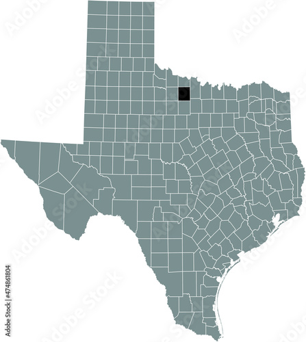 Black highlighted location map of the Archer County inside gray administrative map of the Federal State of Texas, USA