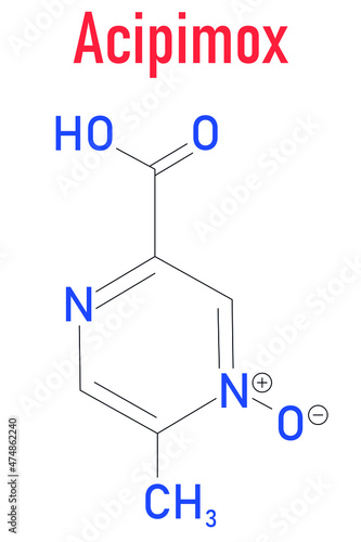 Acipimox hypertriglyceridemia drug molecule. Skeletal formula.