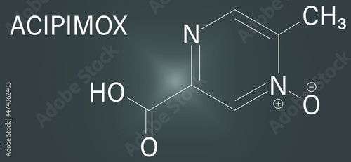 Acipimox hypertriglyceridemia drug molecule. Skeletal formula.