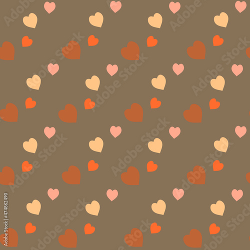 Seamless pattern with yellow, pink and orange hearts on dark beige background. Vector image.