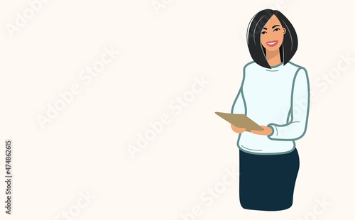 Vector template with business woman. Young positive girl with a tablet invites to cooperation. Psychologist or manager. Background with copy space. The concept of success, advertising, promotion. Flat