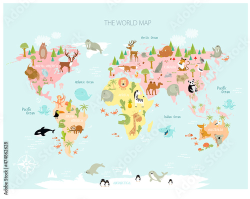 Printю Vector map of the world with cartoon animals for kids. Europe, Asia, South America, North America, Australia, Africa. Lion, crocodile, kangaroo. koala, whale, bear, elephant, shark, snake, touc © olga