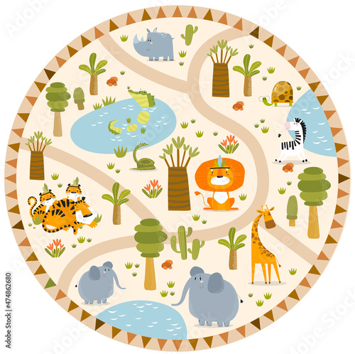 Print. Vector tropical maze with animals in safari park. Cartoon tropical animals. African animals. Road in a safari park. Game for children. Children's play mat.  © olga