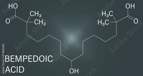 Bempedoic acid hypercholesterolemia drug molecule. ATP-citrate lyase inhibitor. Skeletal formula.