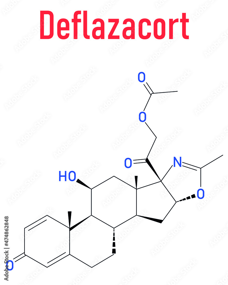 Deflazacort glucocorticoid drug molecule. Skeletal formula. Deflazacort glucocorticoid drug molecule. Skeletal formula.