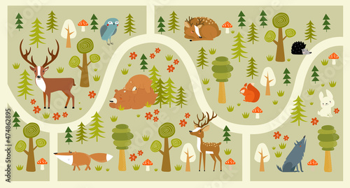 Print. Vector forest maze with animals. Cartoon Forest Animals. Path in the forest. Game for children. Children's play mat.  © olga