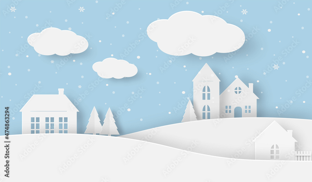 Views of the house in winter season on a snowy day. Happy new year and Merry Christmas, paper art, digital craft style, vector illustration.