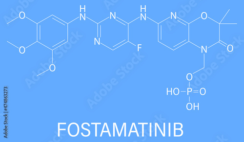 Fostamatinib rheumatoid arthritis drug molecule. Syk inhibitor. Skeletal formula.