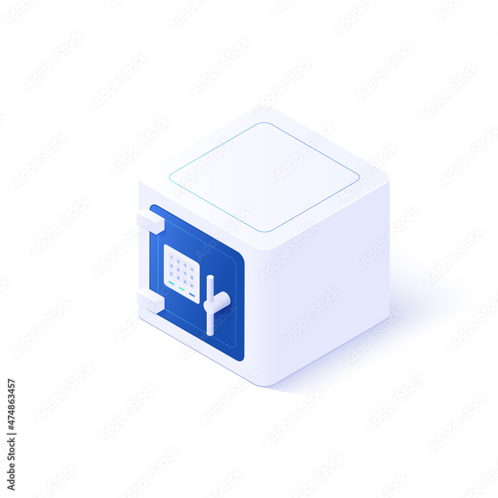 Locked safe box deposit icon illustration in isometric vector design. Futuristic strongbox isolated on white background. Secure lockable coffer symbol in cubic shape. Locked safe box deposit icon illustration in isometric vector design. Futuristic strongbox isolated on white background. Secure lockable coffer symbol in cubic shape.