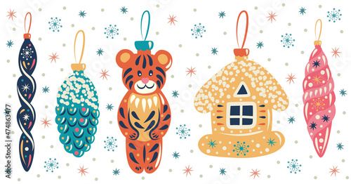 Soviet Christmas tree decorations: tiger cub, pine cone, house, icicles. New Year toys.