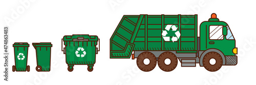 Garbage truck and green recycle garbage bins
